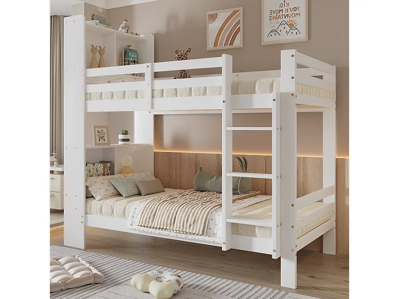 Lit superposé enfant 90x200cm avec escalier et étagères de rangement, sommier à lattes, sans matelas, blanc