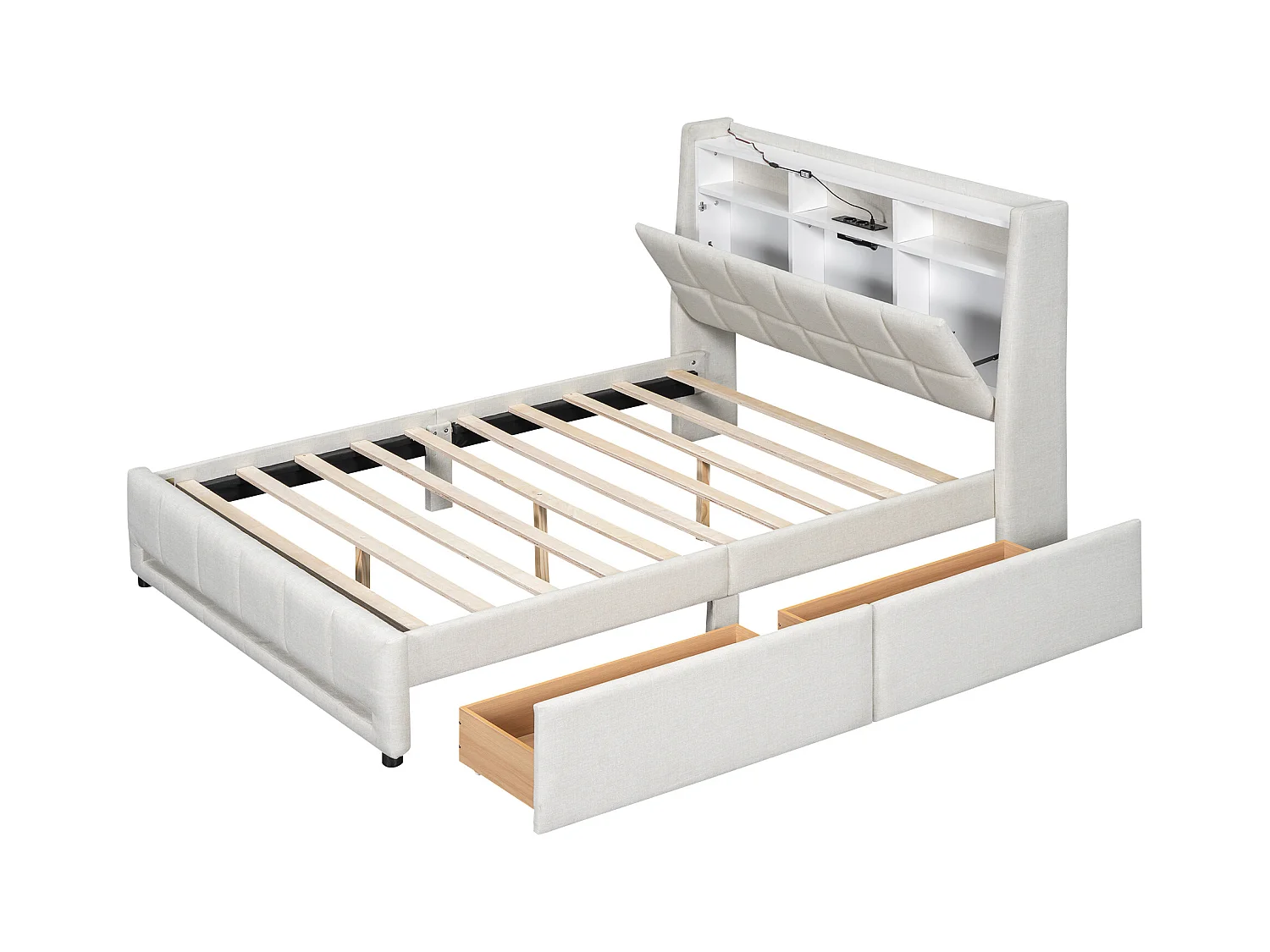 Lit adulte 140 x 200 cm, lit double capitonné avec 2 tiroirs, prises et USB, éclairage LED, sans matelas, lin, beige