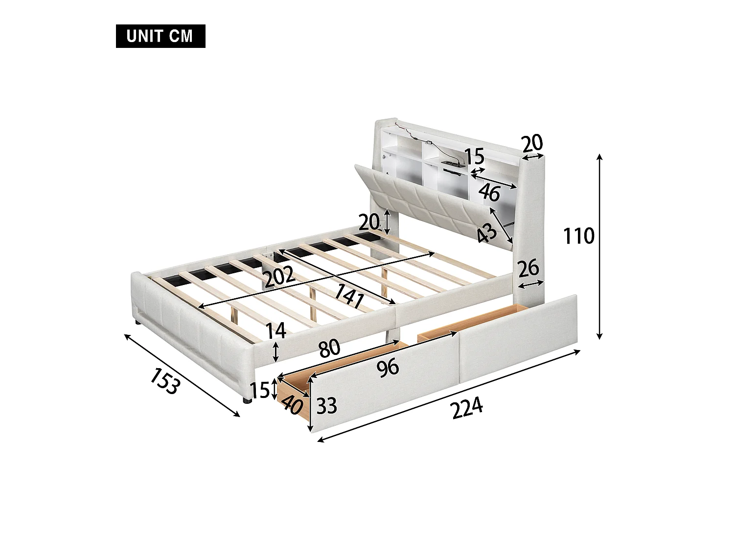 Lit adulte 140 x 200 cm, lit double capitonné avec 2 tiroirs, prises et USB, éclairage LED, sans matelas, lin, beige