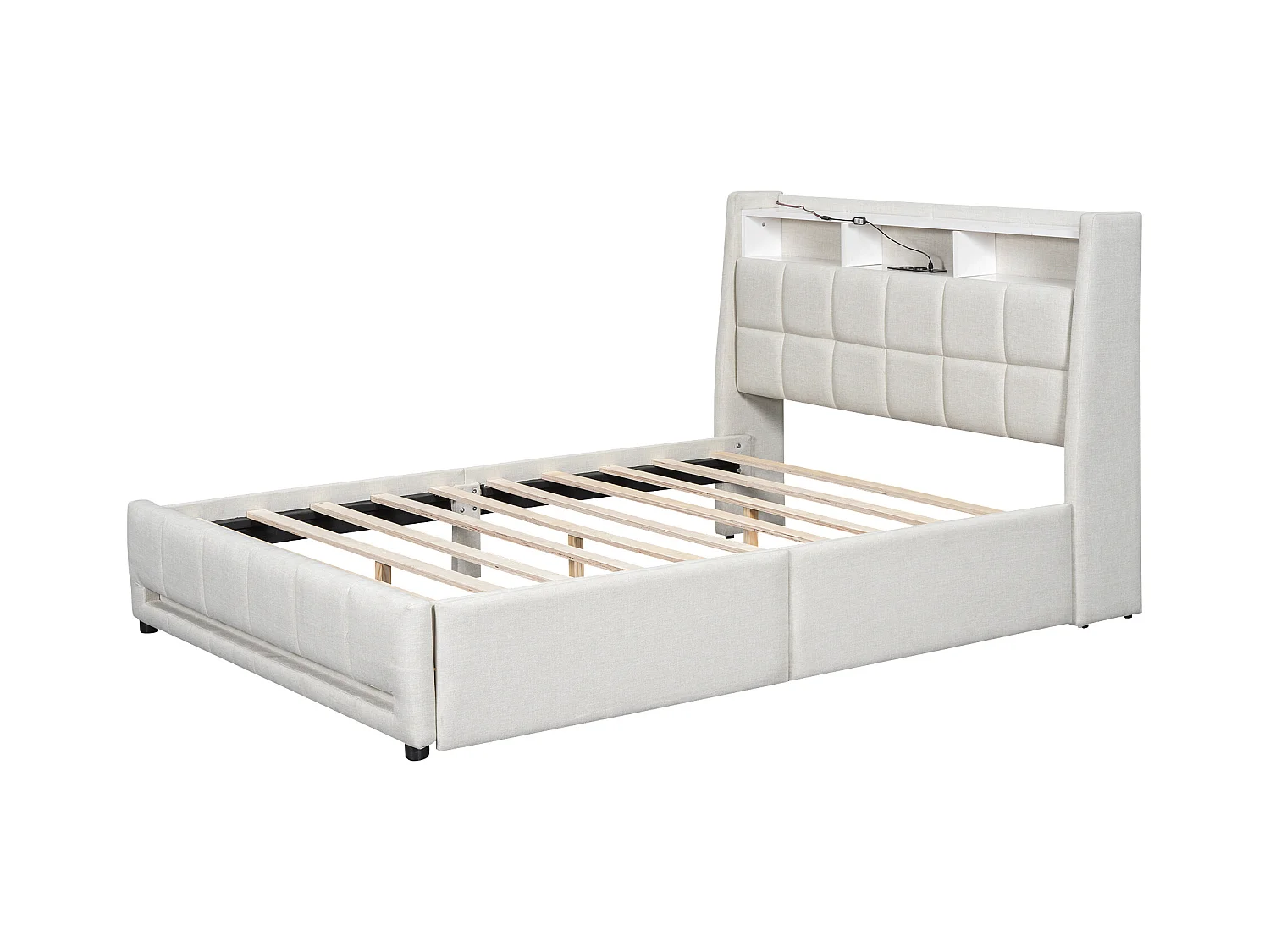 Lit adulte 140 x 200 cm, lit double capitonné avec 2 tiroirs, prises et USB, éclairage LED, sans matelas, lin, beige