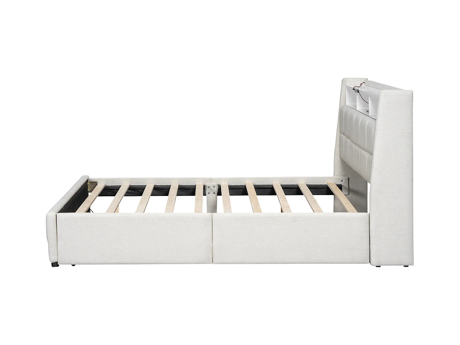 Lit adulte 140 x 200 cm, lit double capitonné avec 2 tiroirs, prises et USB, éclairage LED, sans matelas, lin, beige
