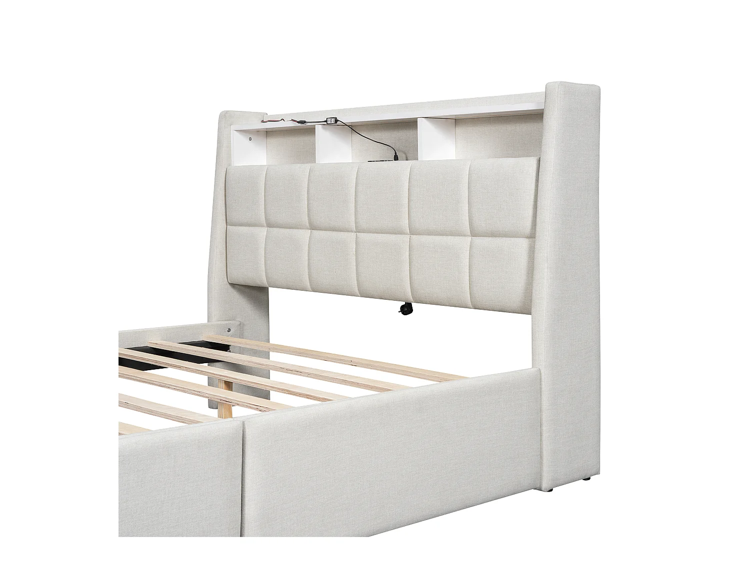 Lit adulte 140 x 200 cm, lit double capitonné avec 2 tiroirs, prises et USB, éclairage LED, sans matelas, lin, beige