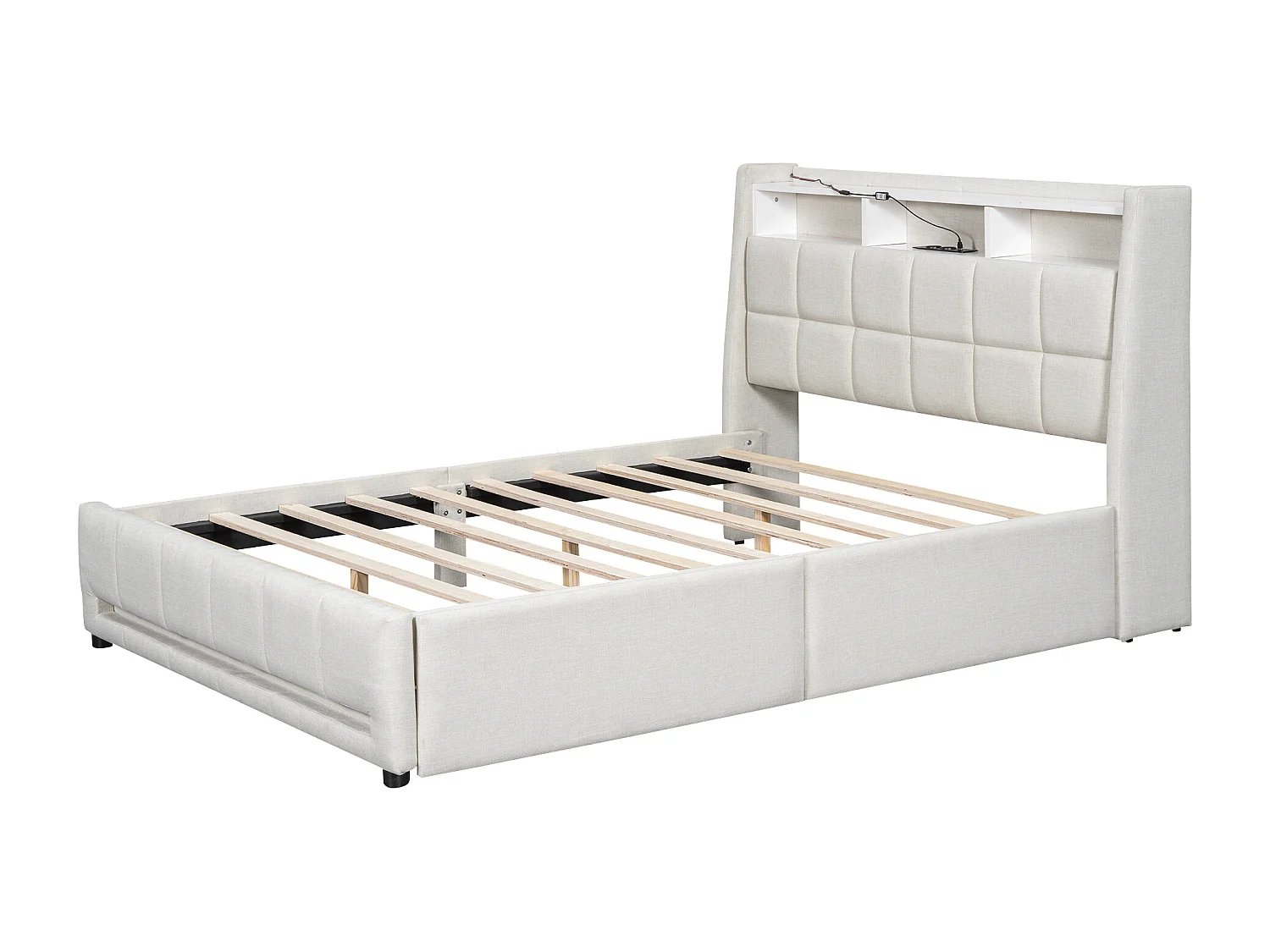 Lit adulte 140 x 200 cm, lit double capitonné avec 2 tiroirs, prises et USB, éclairage LED, sans matelas, lin, beige
