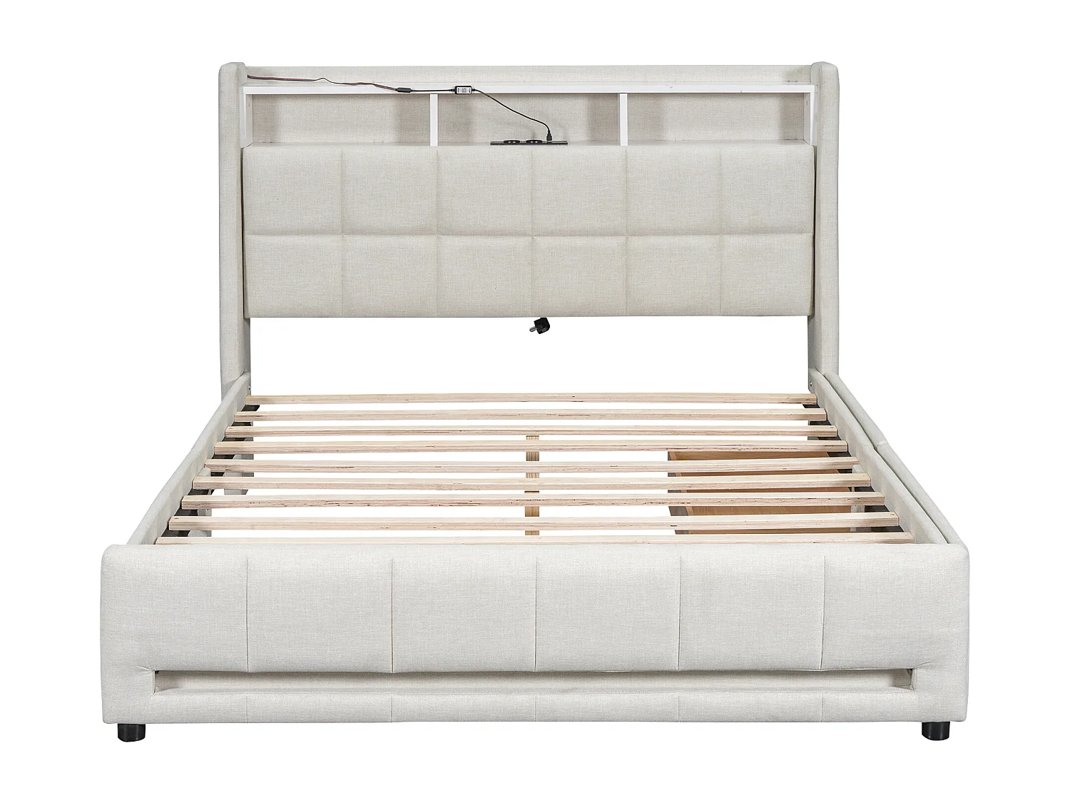 Lit adulte 140 x 200 cm, lit double capitonné avec 2 tiroirs, prises et USB, éclairage LED, sans matelas, lin, beige