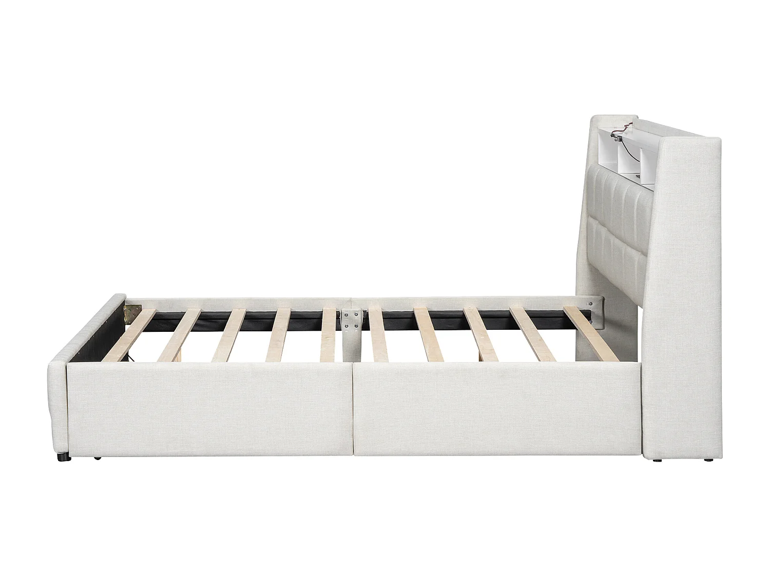 Lit adulte 140 x 200 cm, lit double capitonné avec 2 tiroirs, prises et USB, éclairage LED, sans matelas, lin, beige