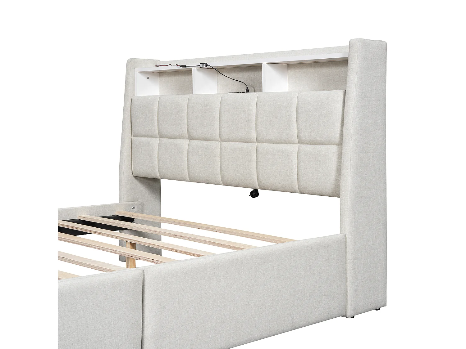 Lit adulte 140 x 200 cm, lit double capitonné avec 2 tiroirs, prises et USB, éclairage LED, sans matelas, lin, beige
