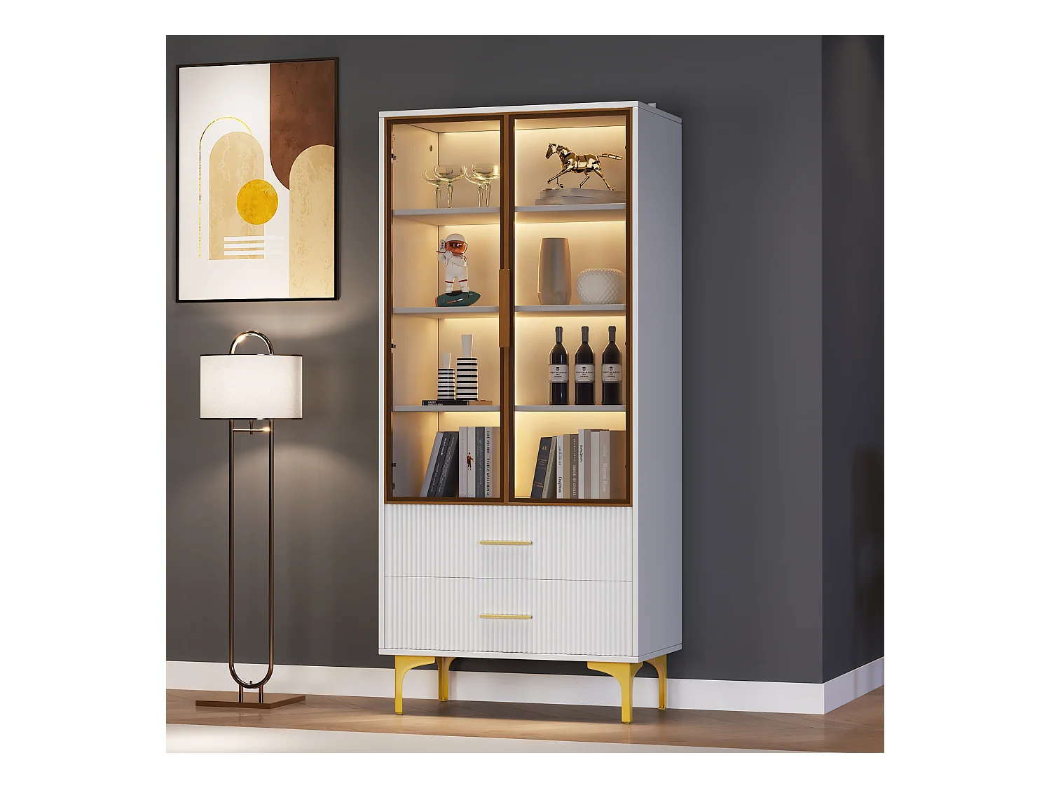 Vitrine blanc avec 2 portes en verre brun et 2 tiroirs, LED inclus - 70x35x150cm