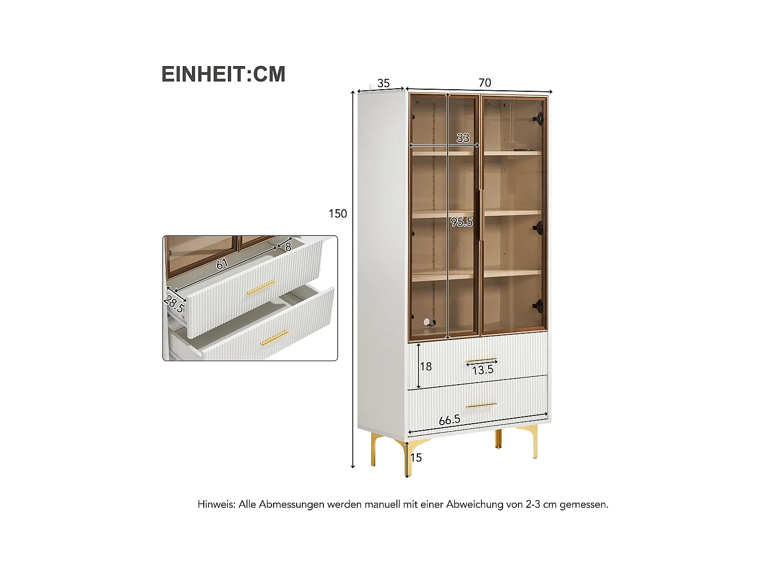 Vitrine blanc avec 2 portes en verre brun et 2 tiroirs, LED inclus - 70x35x150cm