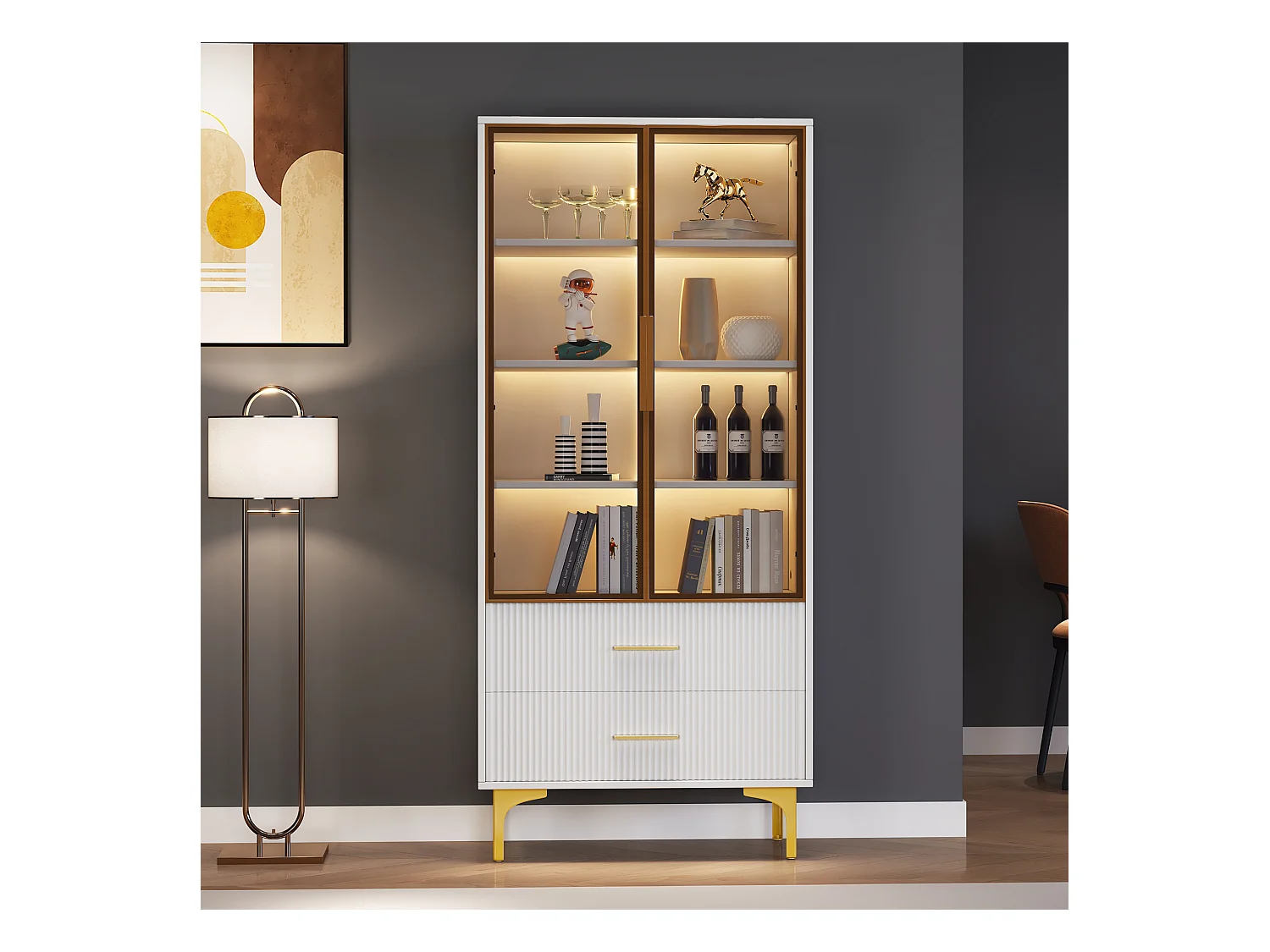 Vitrine blanc avec 2 portes en verre brun et 2 tiroirs, LED inclus - 70x35x150cm