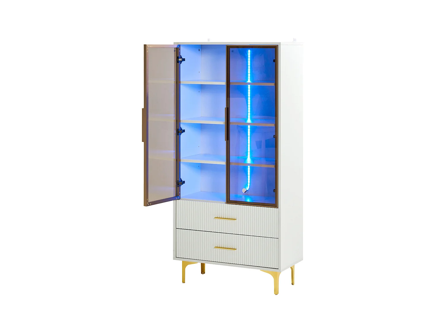 Vitrine blanc avec 2 portes en verre brun et 2 tiroirs, LED inclus - 70x35x150cm