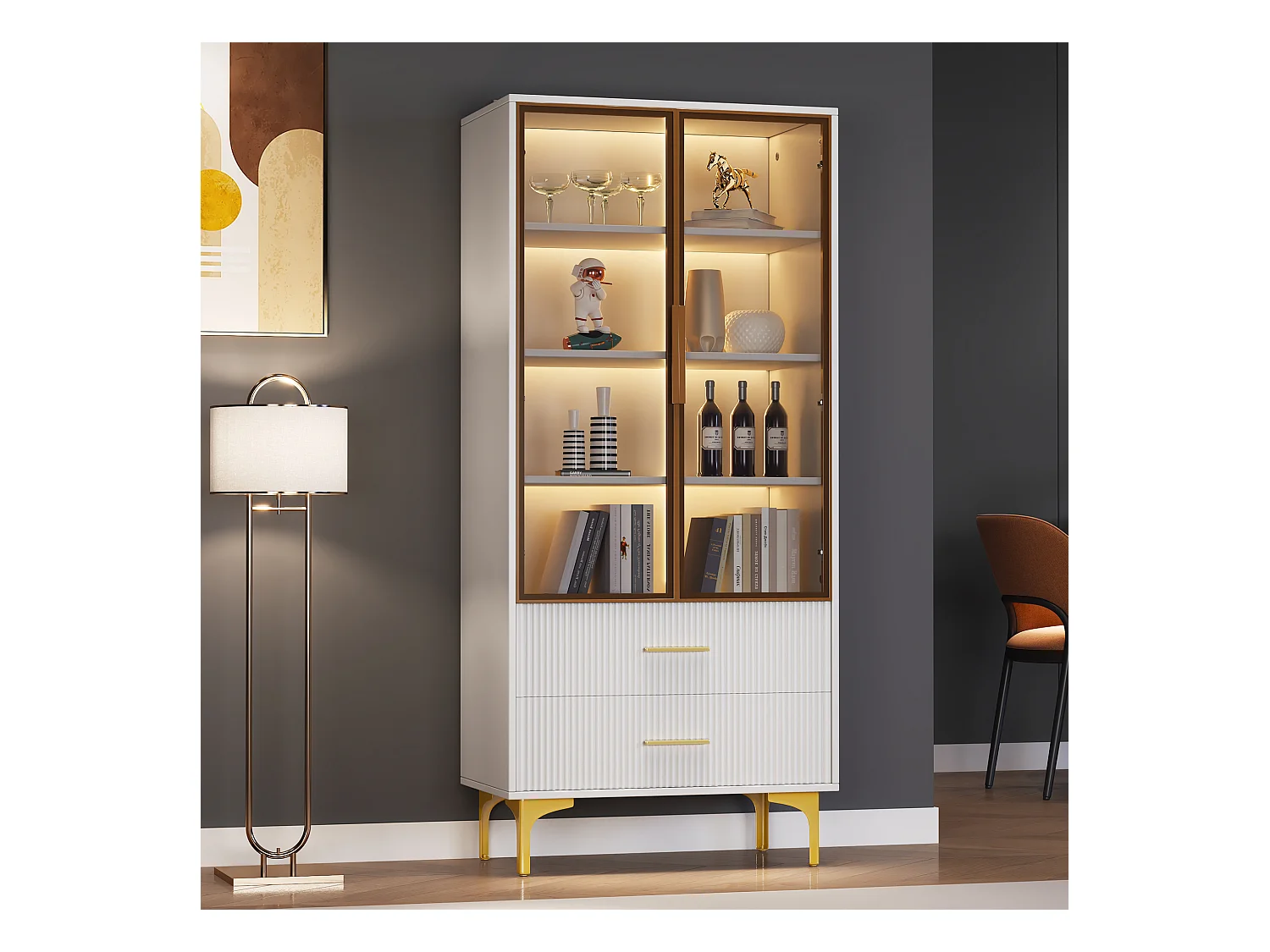 Vitrine blanc avec 2 portes en verre brun et 2 tiroirs, LED inclus - 70x35x150cm