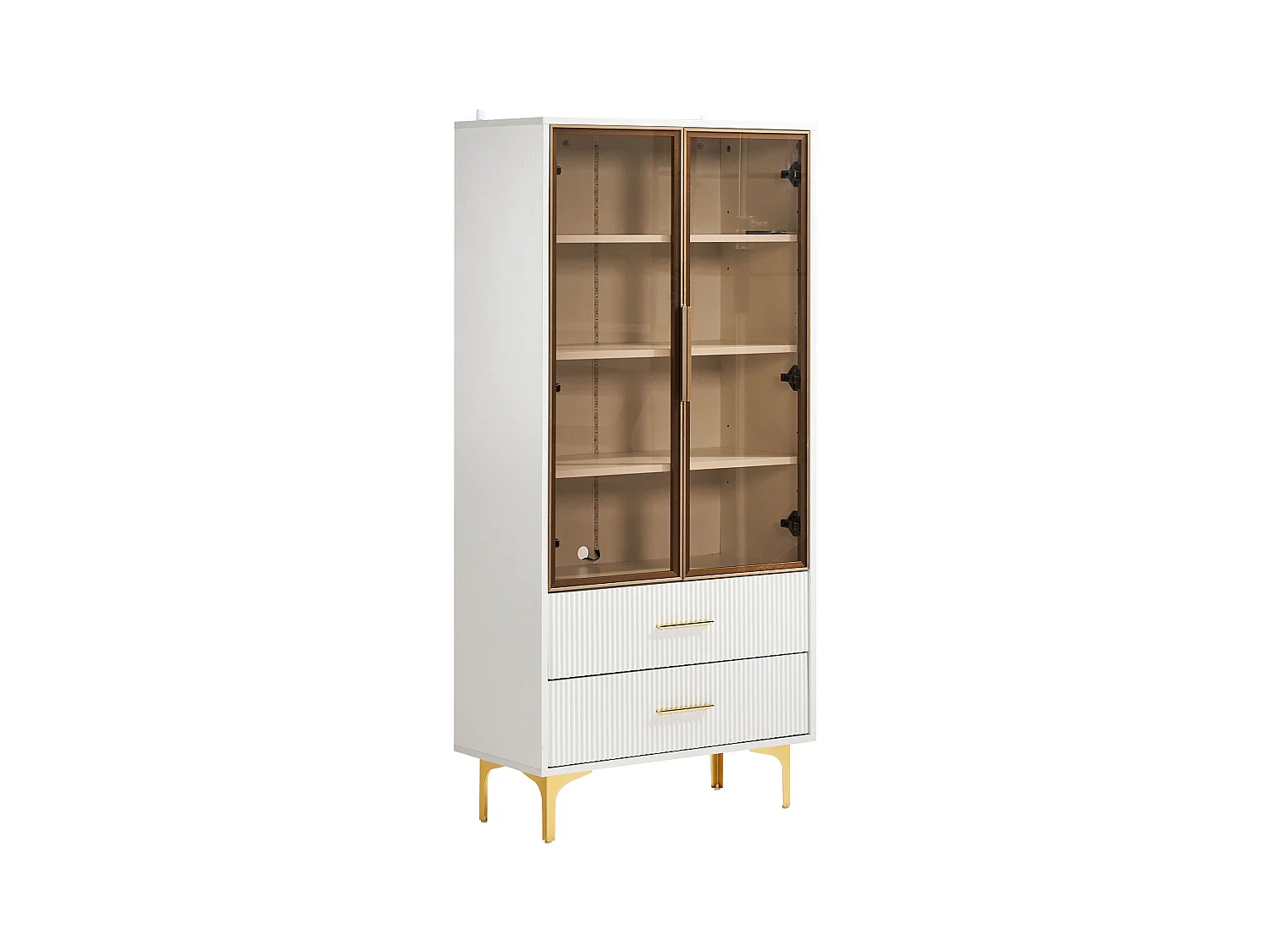 Vitrine blanc avec 2 portes en verre brun et 2 tiroirs, LED inclus - 70x35x150cm