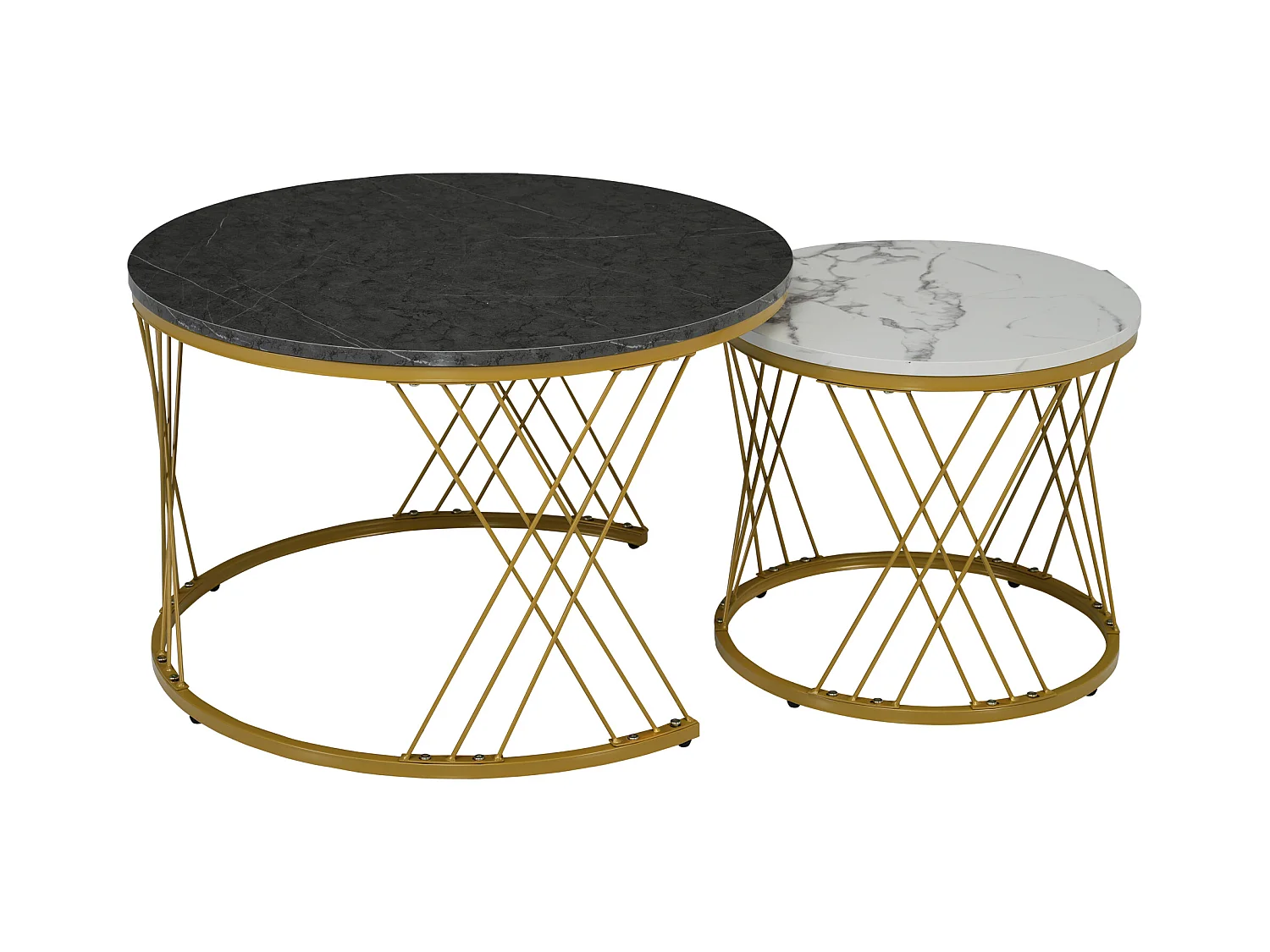 Set van 2 in elkaar passende salontafels, glanzend wit en zwart marmeren fineerblad, goudkleurig metalen frame