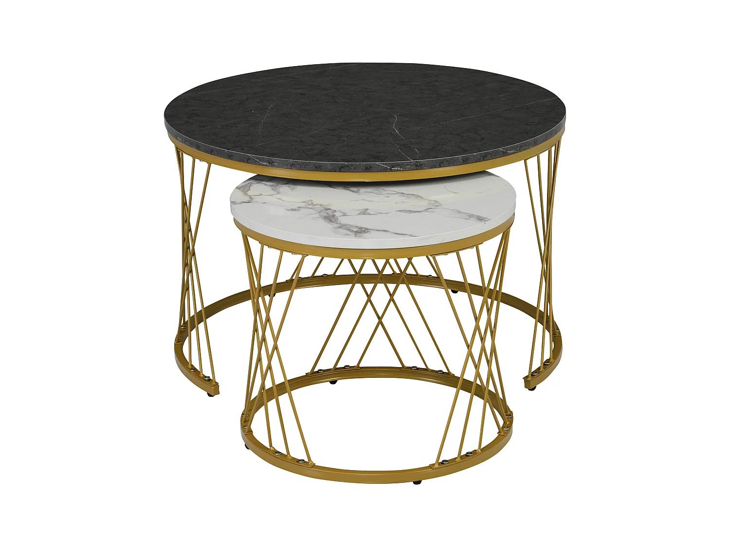 Set van 2 in elkaar passende salontafels, glanzend wit en zwart marmeren fineerblad, goudkleurig metalen frame