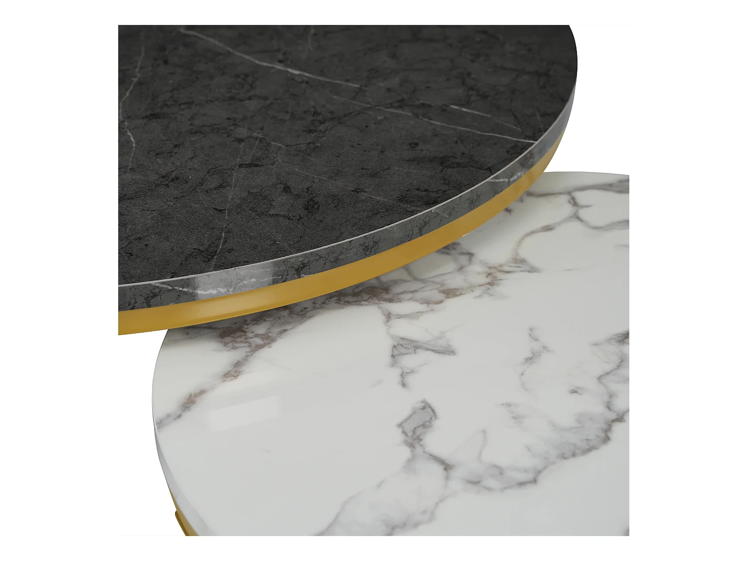 Set van 2 in elkaar passende salontafels, glanzend wit en zwart marmeren fineerblad, goudkleurig metalen frame
