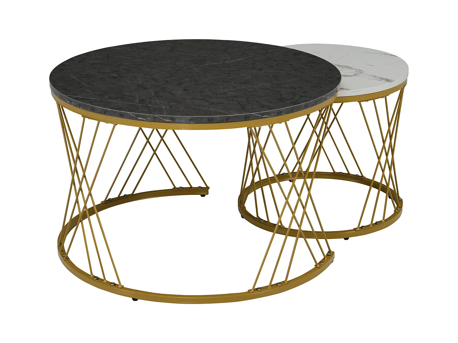 Lot de 2 tables basses gigognes,plateau en placage marbre blanc et noir brillant, cadre cadre en métal doré