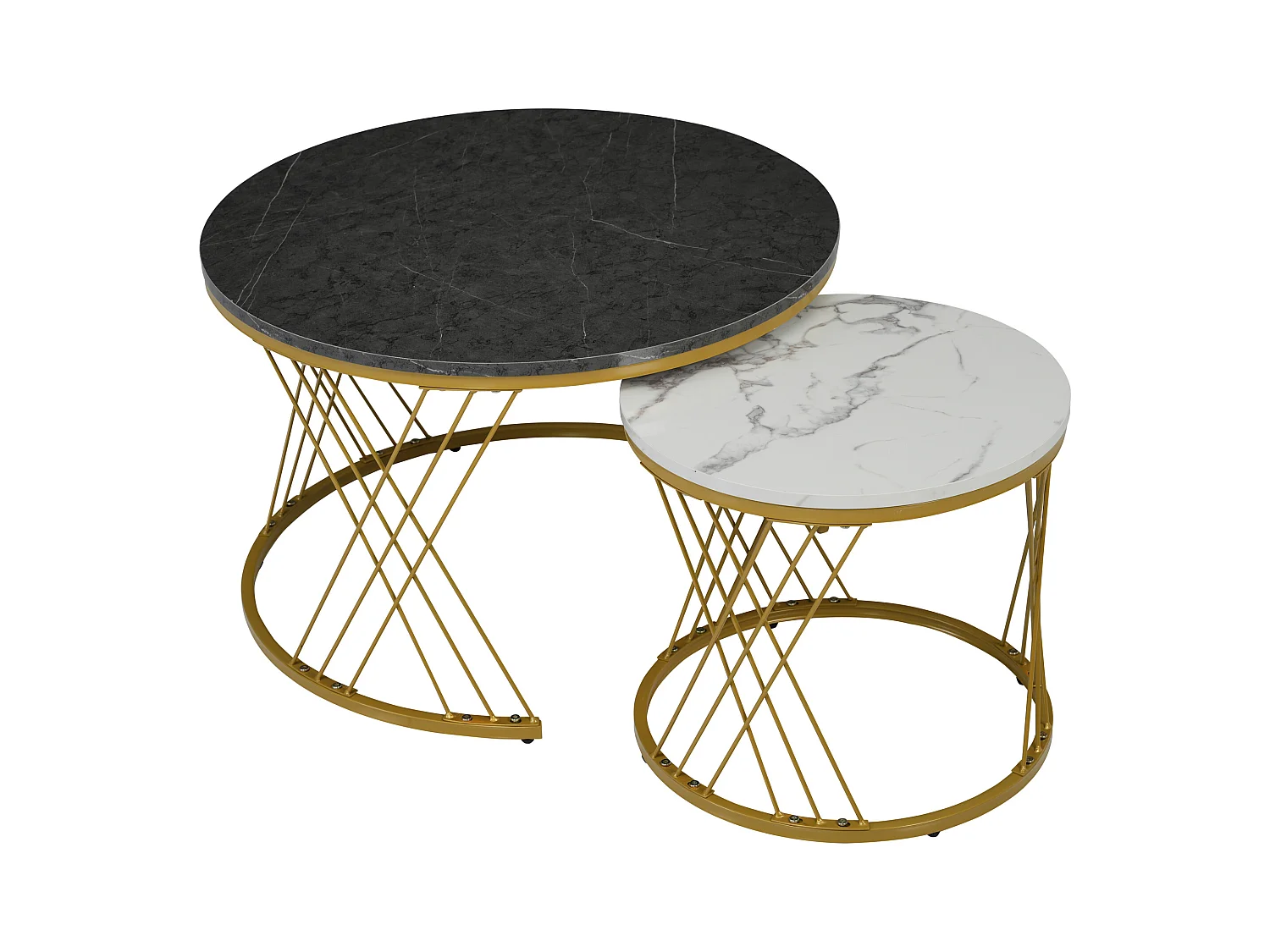 Lot de 2 tables basses gigognes,plateau en placage marbre blanc et noir brillant, cadre cadre en métal doré