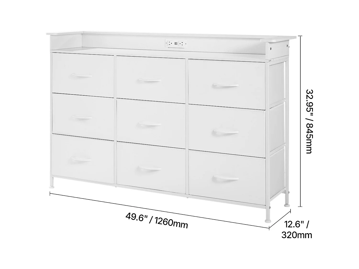 Commode Meuble de Rangement SucceBuy Commode Haute en Tissu à 9 Tiroirs avec Bac, LED et Sortie-Blanc
