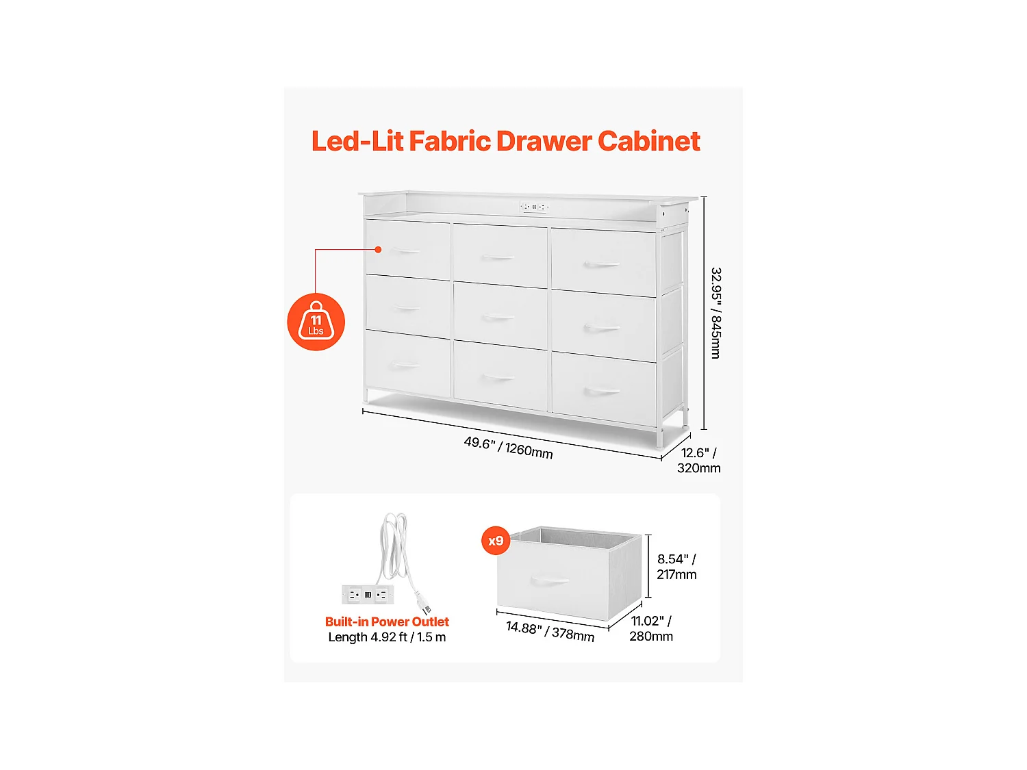 Commode Meuble de Rangement SucceBuy Commode Haute en Tissu à 9 Tiroirs avec Bac, LED et Sortie-Blanc