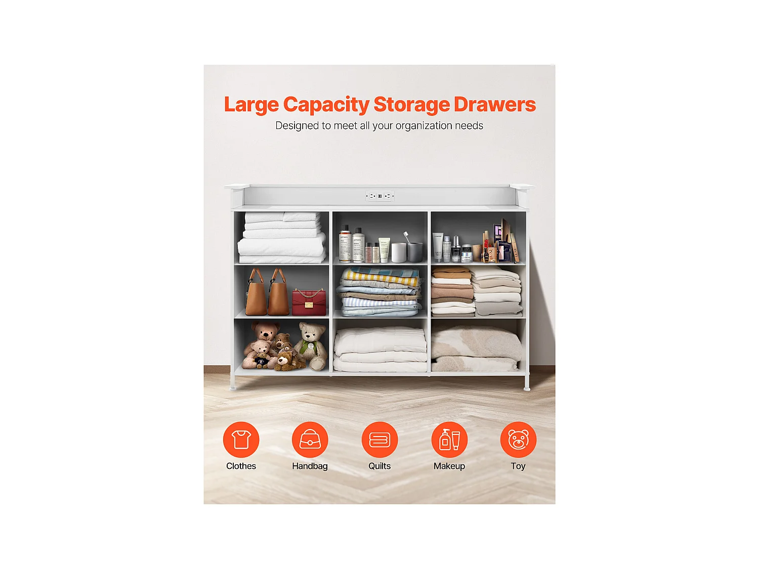 Commode Meuble de Rangement SucceBuy Commode Haute en Tissu à 9 Tiroirs avec Bac, LED et Sortie-Blanc