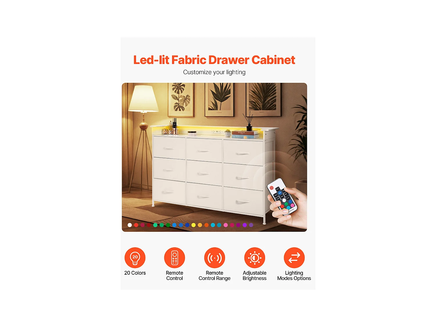 Commode Meuble de Rangement SucceBuy Commode Haute en Tissu à 9 Tiroirs avec Bac, LED et Sortie-Blanc