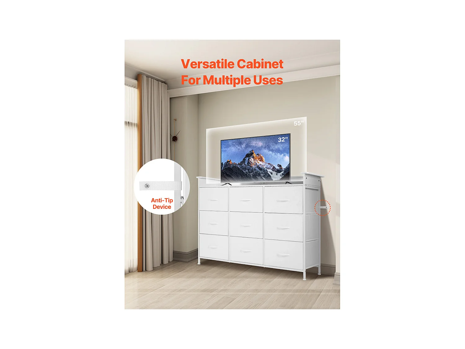 Commode Meuble de Rangement SucceBuy Commode Haute en Tissu à 9 Tiroirs avec Bac, LED et Sortie-Blanc