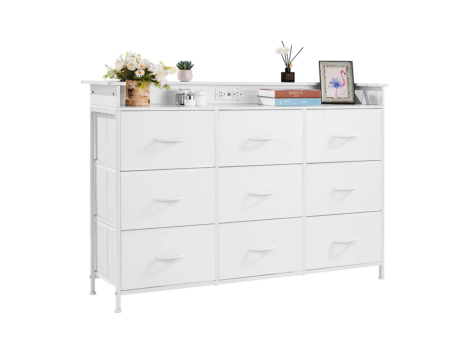 Commode Meuble de Rangement SucceBuy Commode Haute en Tissu à 9 Tiroirs avec Bac, LED et Sortie-Blanc