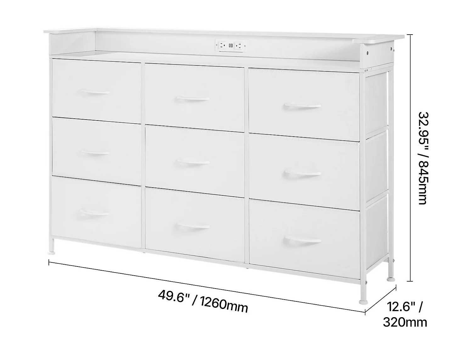 Commode Meuble de Rangement SucceBuy Commode Haute en Tissu à 9 Tiroirs avec Bac, LED et Sortie-Blanc