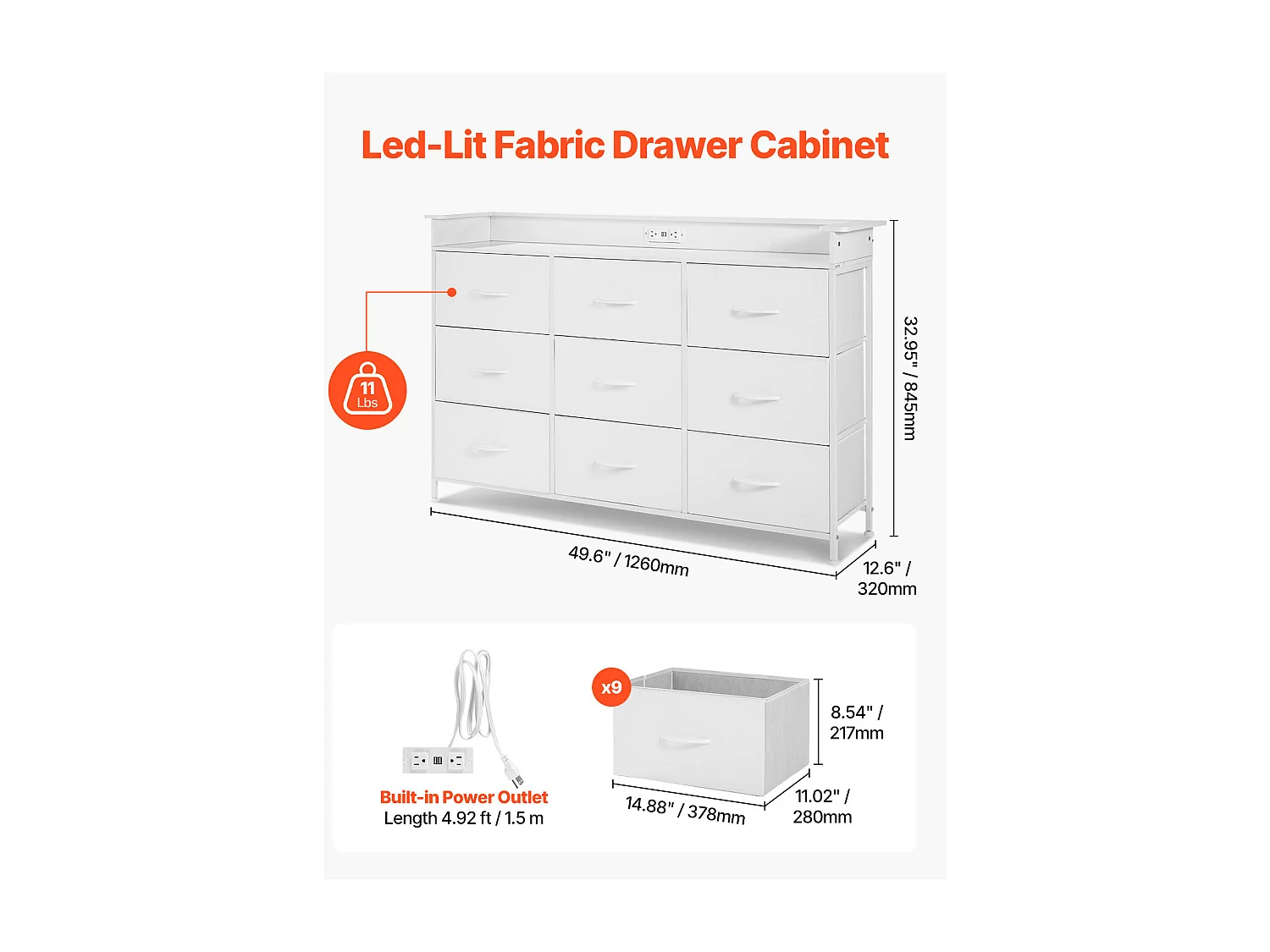Commode Meuble de Rangement SucceBuy Commode Haute en Tissu à 9 Tiroirs avec Bac, LED et Sortie-Blanc