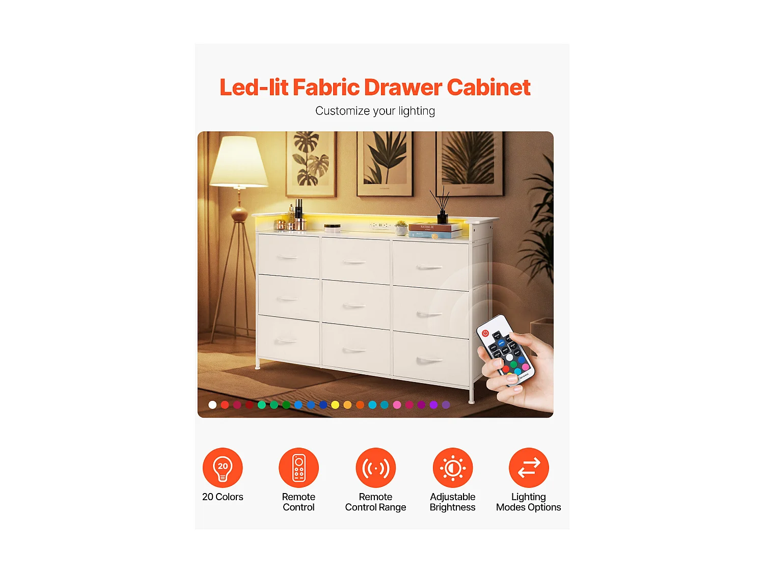 Commode Meuble de Rangement SucceBuy Commode Haute en Tissu à 9 Tiroirs avec Bac, LED et Sortie-Blanc