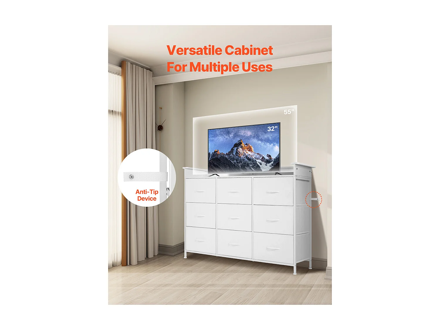 Commode Meuble de Rangement SucceBuy Commode Haute en Tissu à 9 Tiroirs avec Bac, LED et Sortie-Blanc