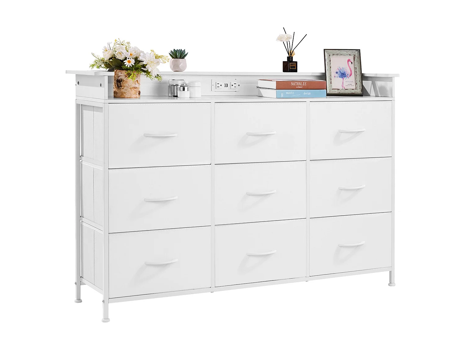 Commode Meuble de Rangement SucceBuy Commode Haute en Tissu à 9 Tiroirs avec Bac, LED et Sortie-Blanc