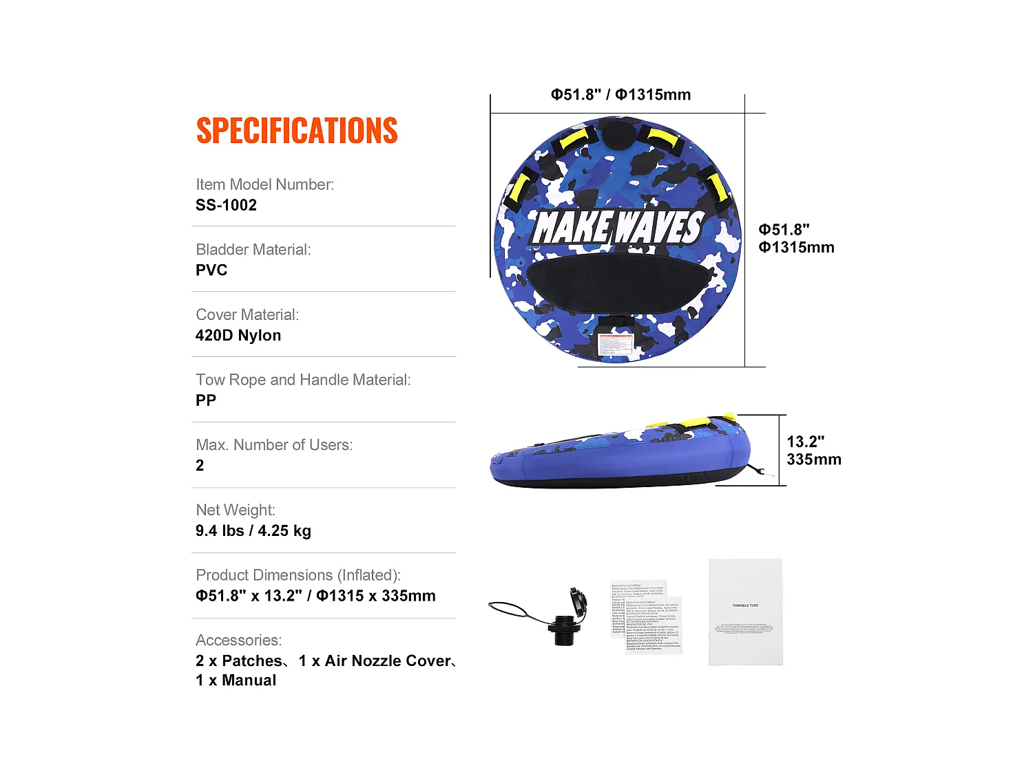 Tube Remorquable SucceBuy, pour 1 à 2 Passagers, 154 kg, 132 cm, Housse en Nylon, Poignées en EVA