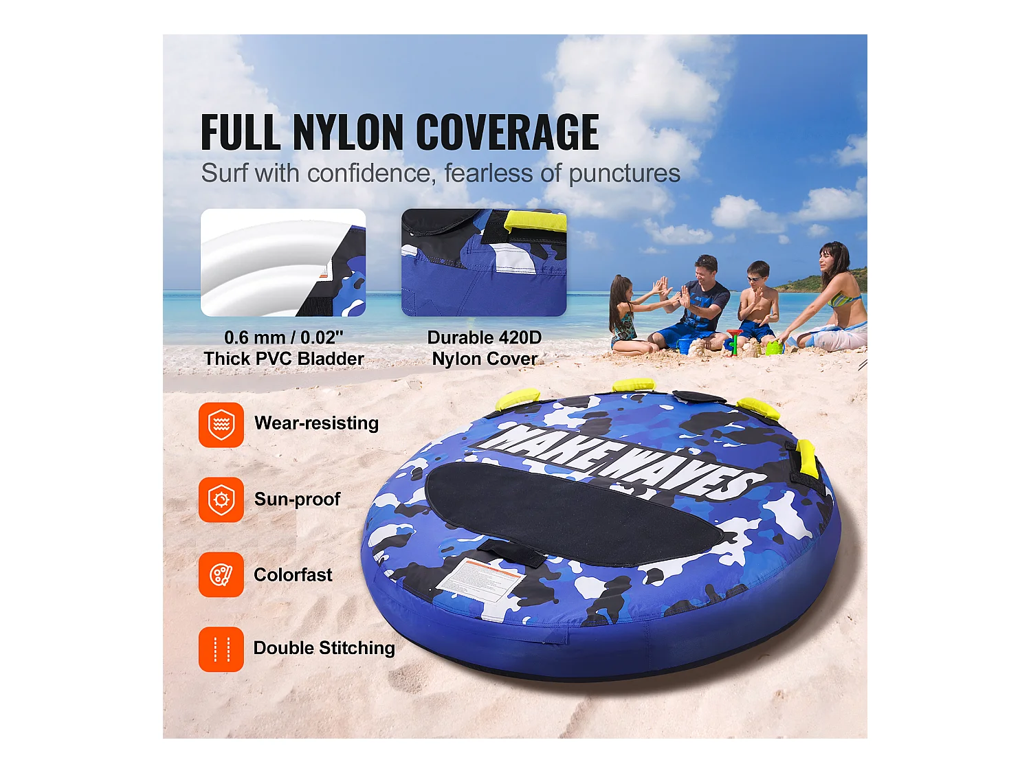 Tube Remorquable SucceBuy, pour 1 à 2 Passagers, 154 kg, 132 cm, Housse en Nylon, Poignées en EVA