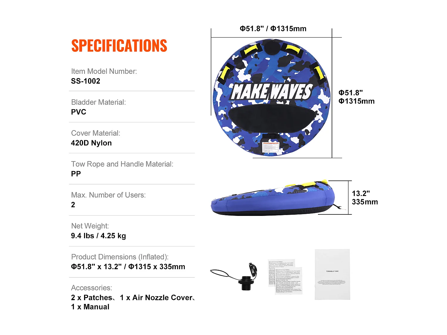 Schleppbarer Tretboot SucceBuy, für 1-2 Personen, 154 kg, 132 cm, Nylon-Hülle, EVA-Griffe