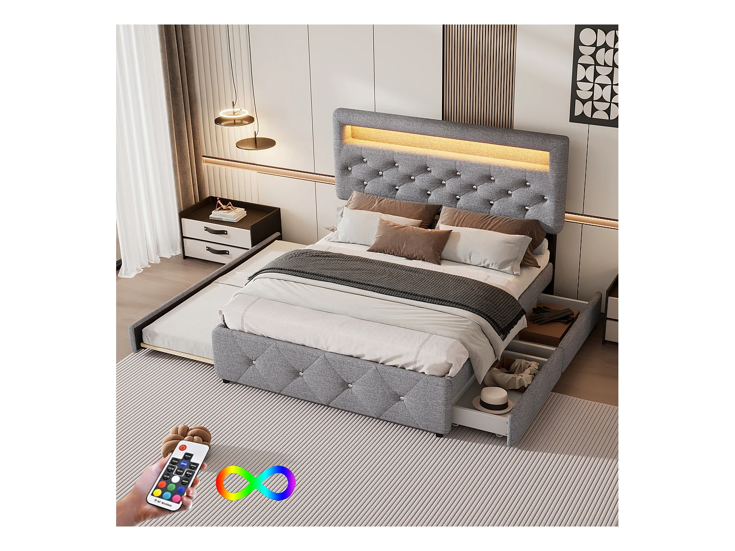 Lit adulte 140x200cm avec lit gigogne et 2 tiroirs, LED inclus, tissu en lin gris, tête de lit réglable en hauteur, sans matelas