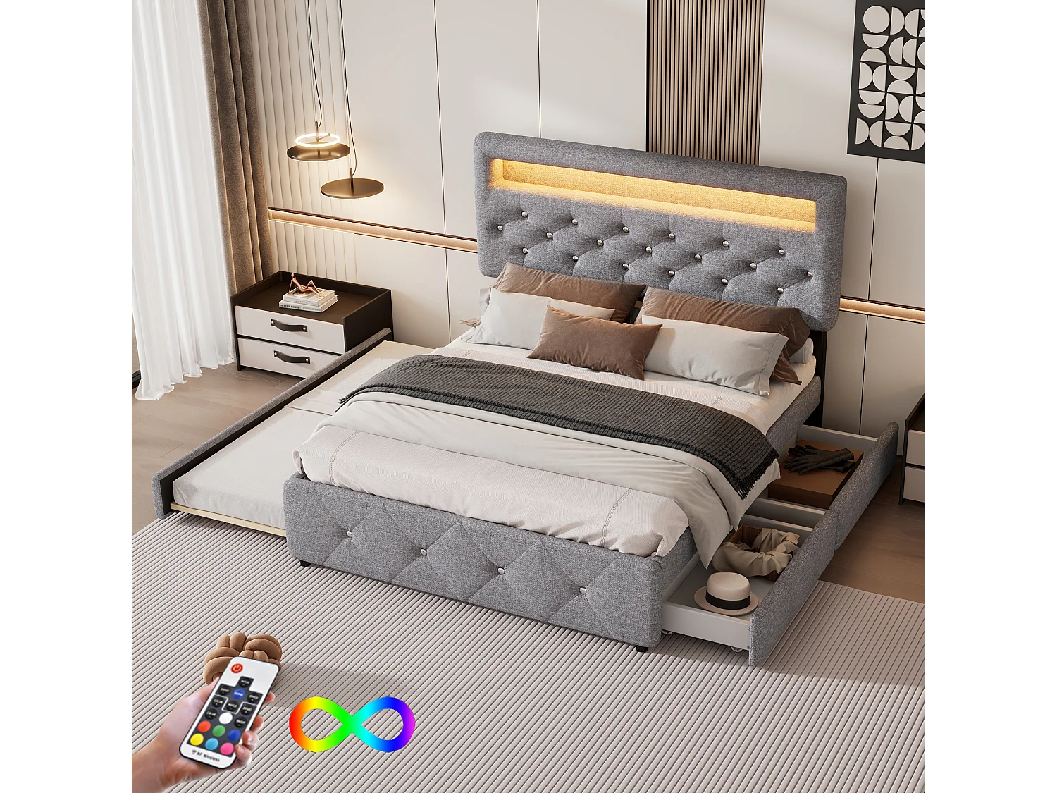 Lit adulte 140x200cm avec lit gigogne et 2 tiroirs, LED inclus, tissu en lin gris, tête de lit réglable en hauteur, sans matelas