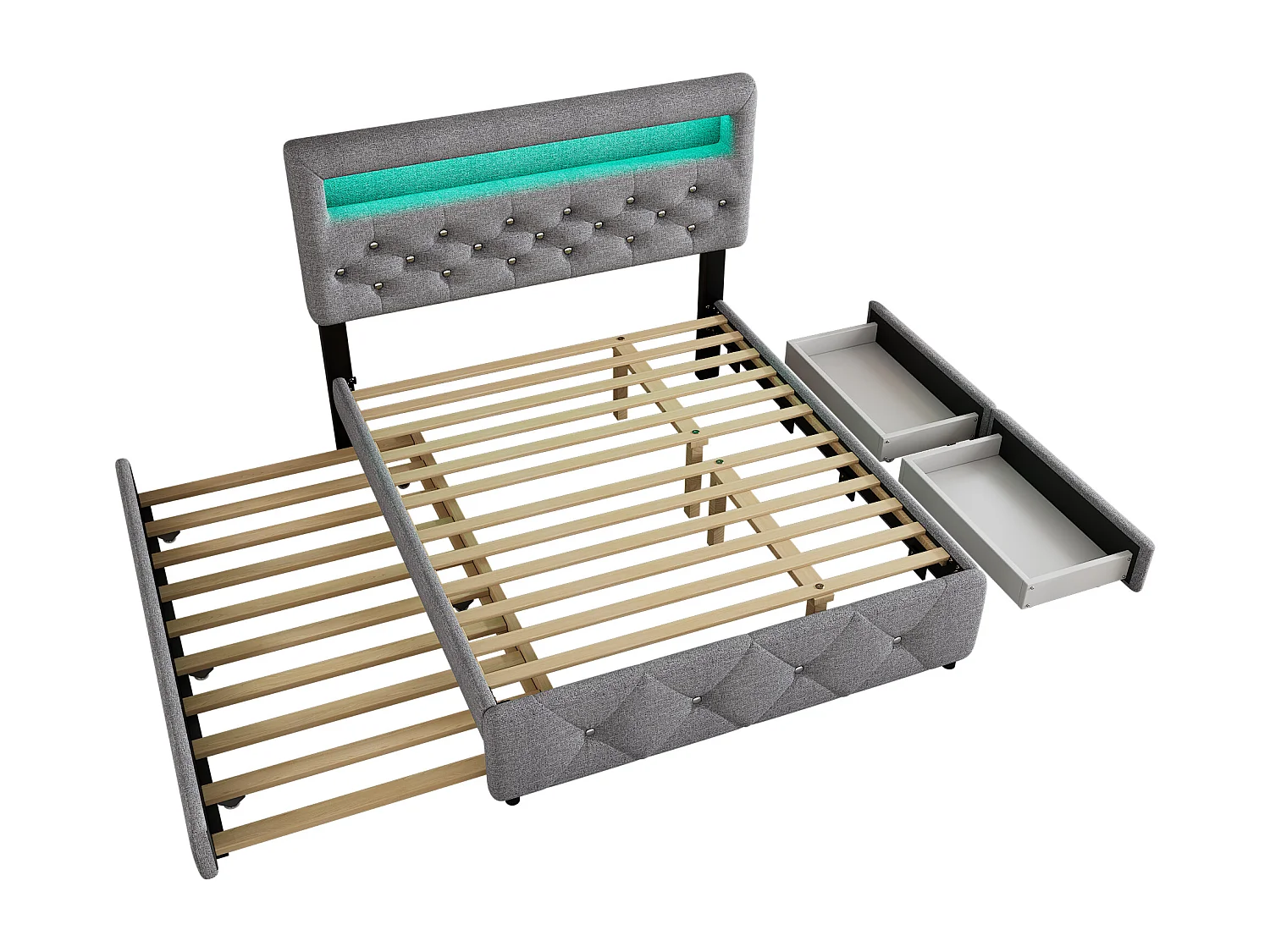 Lit adulte 140x200cm avec lit gigogne et 2 tiroirs, LED inclus, tissu en lin gris, tête de lit réglable en hauteur, sans matelas