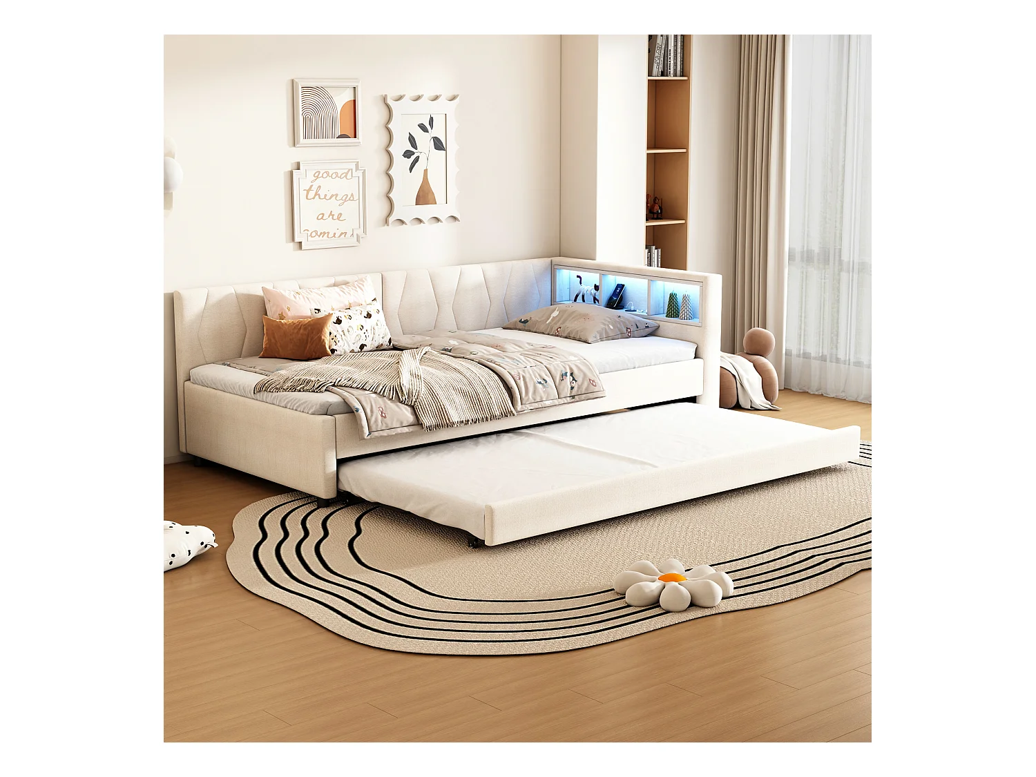 Lit banquette enfant 90x200cm beige en lin avec lit gigogne 90x190cm, LED et USB, sommier à lattes, sans matelas