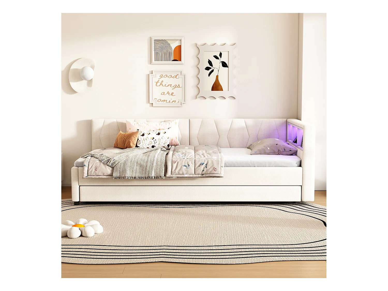 Lit banquette enfant 90x200cm beige en lin avec lit gigogne 90x190cm, LED et USB, sommier à lattes, sans matelas