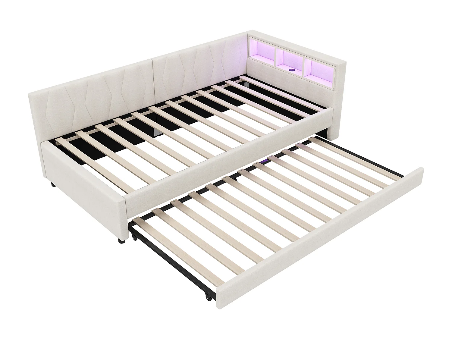 Lit banquette enfant 90x200cm beige en lin avec lit gigogne 90x190cm, LED et USB, sommier à lattes, sans matelas
