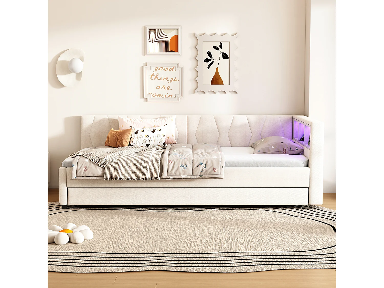 Lit banquette enfant 90x200cm beige en lin avec lit gigogne 90x190cm, LED et USB, sommier à lattes, sans matelas