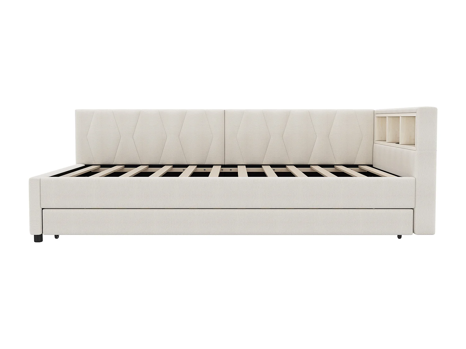 Lit banquette enfant 90x200cm beige en lin avec lit gigogne 90x190cm, LED et USB, sommier à lattes, sans matelas