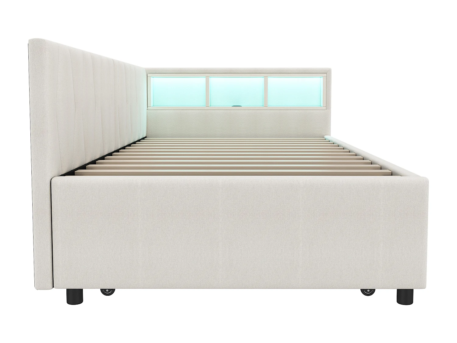 Lit banquette enfant 90x200cm beige en lin avec lit gigogne 90x190cm, LED et USB, sommier à lattes, sans matelas