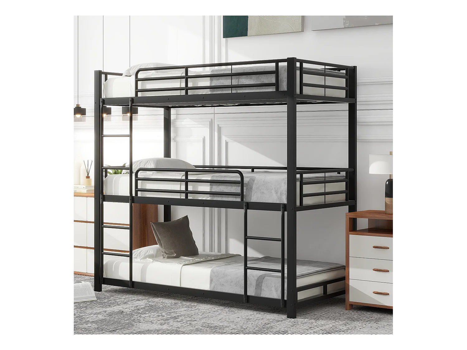 Letto a castello triplo per bambini 90x200cm con scaletta, struttura in metallo nero, 3 reti a doghe incluse, senza materasso