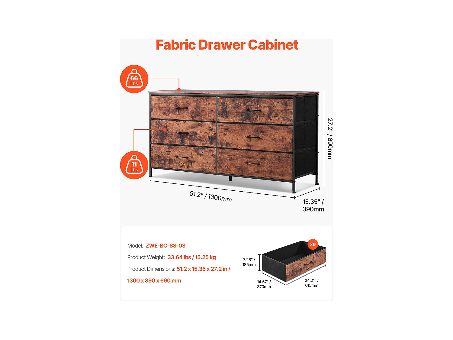 Commode Meuble de Rangement SucceBuy Commode en Tissu avec 6 Tiroirs pour Chambre, Finition Marron Rustique