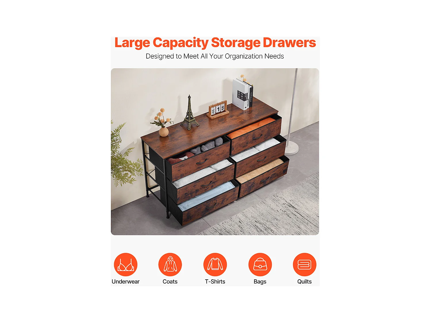 Commode Meuble de Rangement SucceBuy Commode en Tissu avec 6 Tiroirs pour Chambre, Finition Marron Rustique