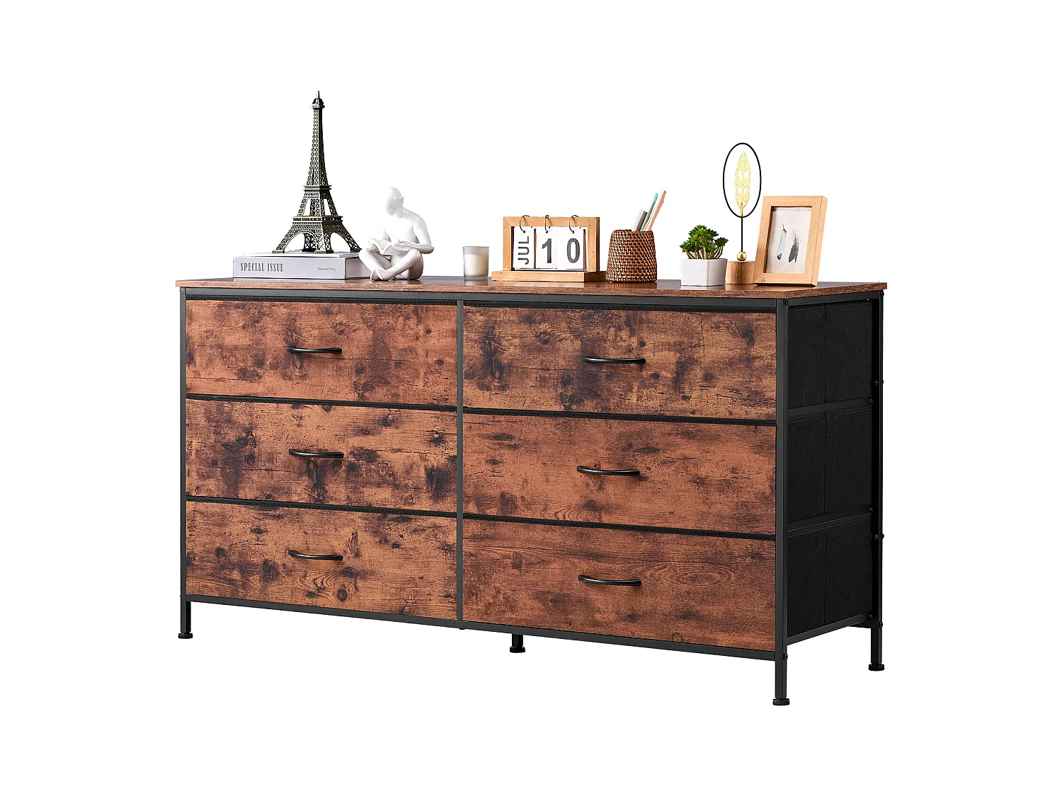 Commode Meuble de Rangement SucceBuy Commode en Tissu avec 6 Tiroirs pour Chambre, Finition Marron Rustique