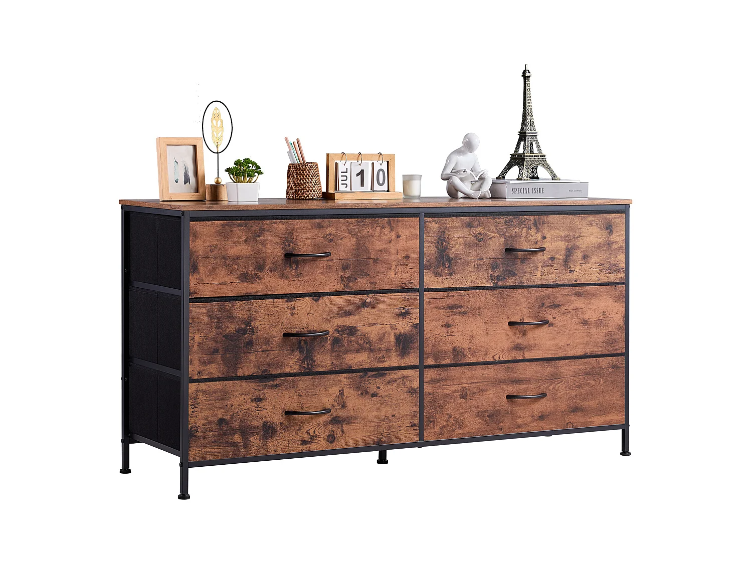 Commode Meuble de Rangement SucceBuy Commode en Tissu avec 6 Tiroirs pour Chambre, Finition Marron Rustique