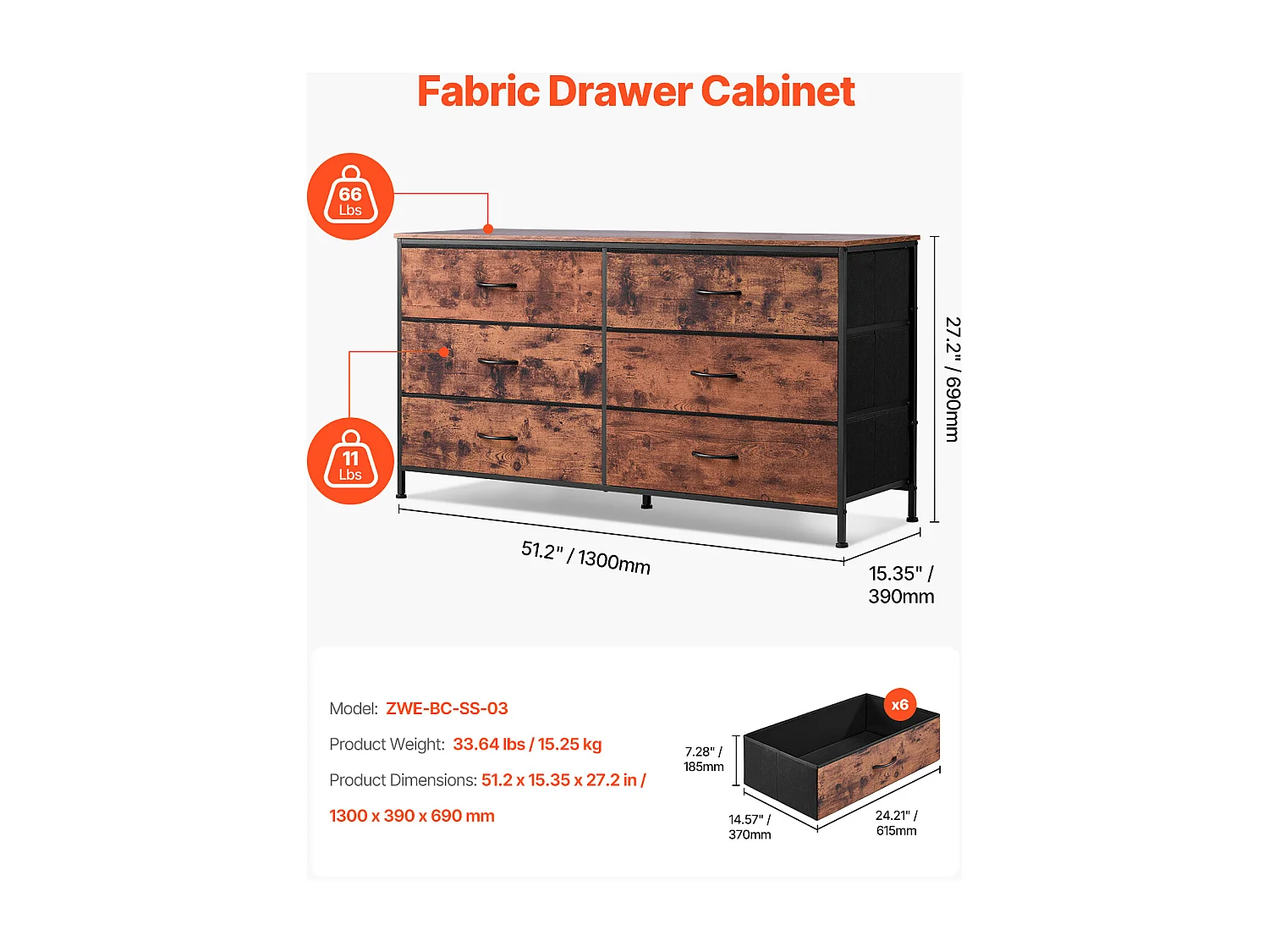 Commode Meuble de Rangement SucceBuy Commode en Tissu avec 6 Tiroirs pour Chambre, Finition Marron Rustique